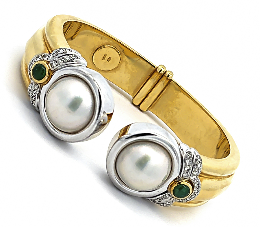 Vintage Mabe Pearl 0.75ct Diamond Emerald Gold Bangle
