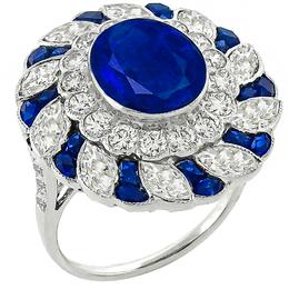 Art Deco 4.45ct Oval Cut Center & 1.33ct Faceted Cut Sapphire 2.89ct Round & Marquise Cut Diamond 18k White Gold Ring 