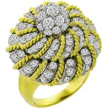 Estate 1970s  3.10ct Round Cut Diamond Cluster 18k Yellow & White Gold Bombé Ring 