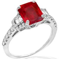 Estate 2.04ct Emerald Cut Burmese Ruby 0.75ct Trapezoid And Round Cut Diamond 18k White Gold  Engagement Ring