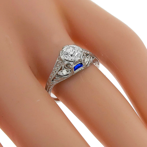 Antique Art Deco 0.70ct Diamond Sapphire Engagement Ring