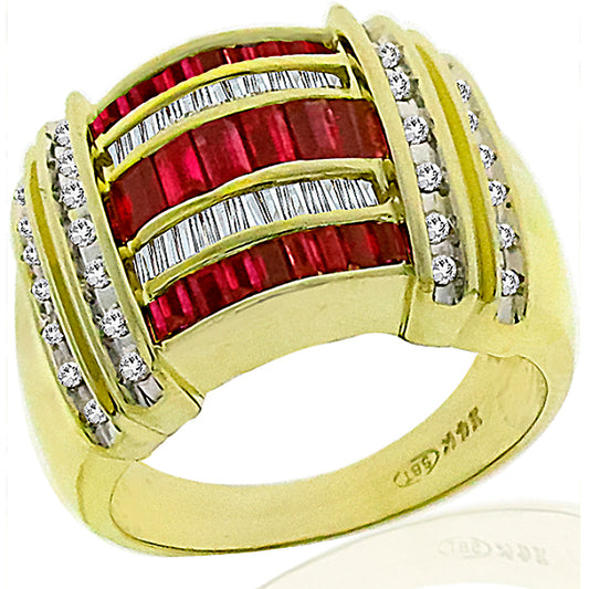 Estate 0.80ct Baguette Cut Ruby 0.60ct Round Cut Diamond 14k Yellow Gold Ring