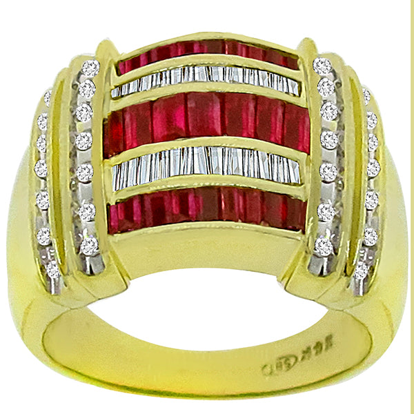 Estate 0.80ct Baguette Cut Ruby 0.60ct Round Cut Diamond 14k Yellow Gold Ring
