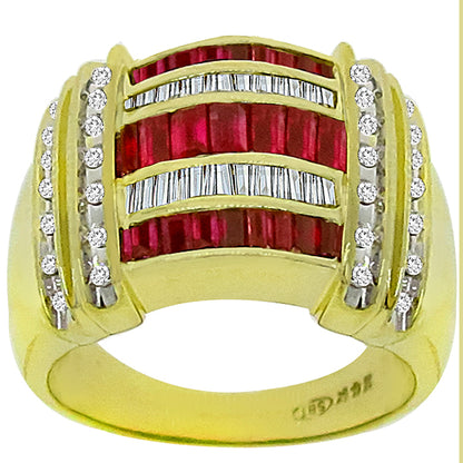 Estate 0.80ct Baguette Cut Ruby 0.60ct Round Cut Diamond 14k Yellow Gold Ring