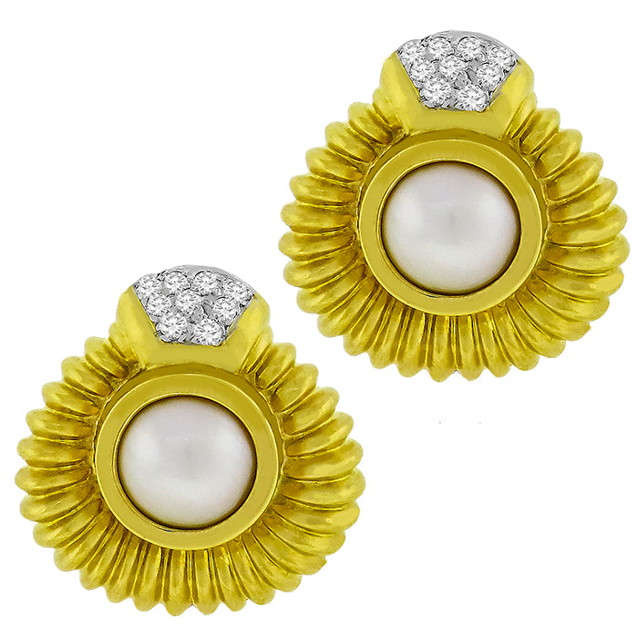 Estate 0.90ct Round Cut Diamond Mabe Pearl 18k Yellow Gold Earrings