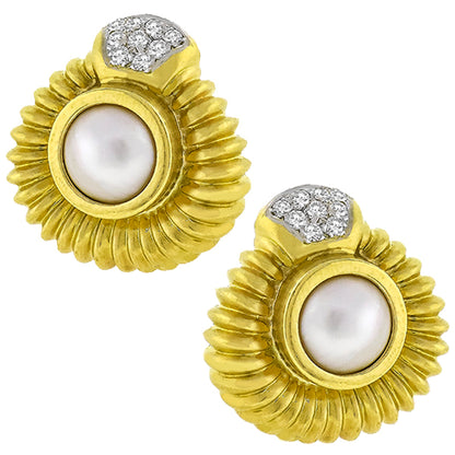 Estate 0.90ct Round Cut Diamond Mabe Pearl 18k Yellow Gold Earrings
