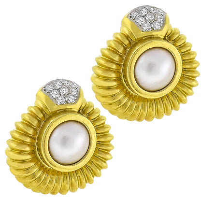 Estate 0.90ct Round Cut Diamond Mabe Pearl 18k Yellow Gold Earrings