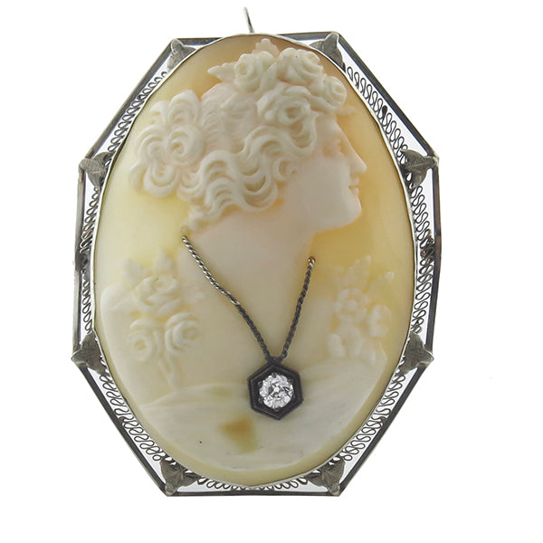 0.20ct Diamond  Gold Carved Shell  Cameo Pin