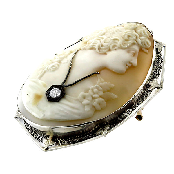 0.20ct Diamond  Gold Carved Shell  Cameo Pin