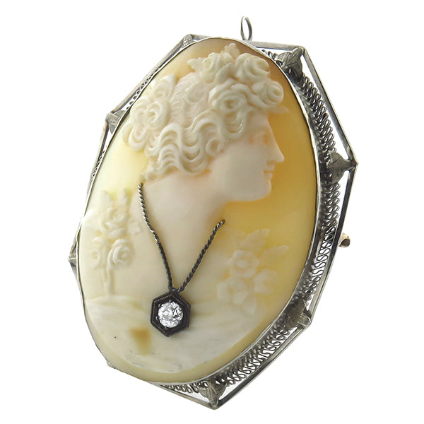 0.20ct Diamond  Gold Carved Shell  Cameo Pin