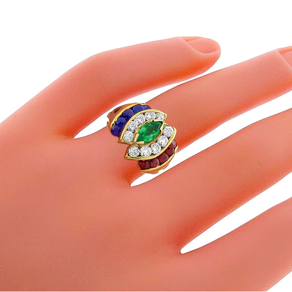 0.40ct Emerald 0.60ct Ruby1.00ct  Diamond  0.60ct Sapphire Gold Ring