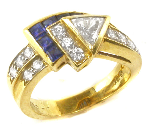 0.50ct Triangle Diamond  and Sapphire 18k Yellow Gold   Ring
