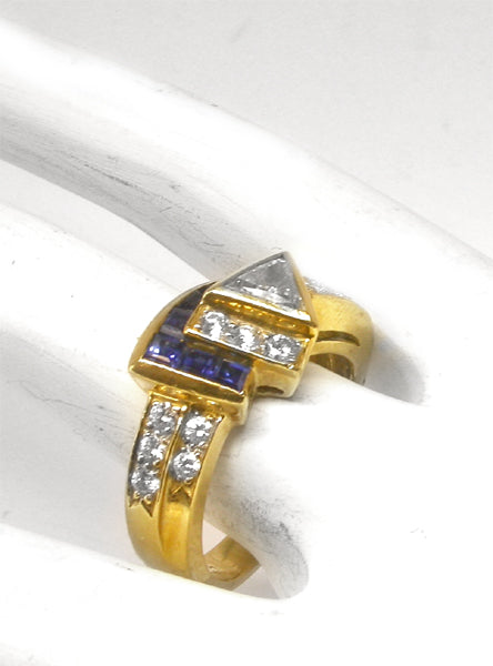 0.50ct Triangle Diamond  and Sapphire 18k Yellow Gold   Ring