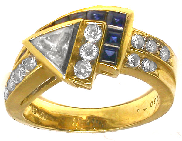 0.50ct Triangle Diamond  and Sapphire 18k Yellow Gold   Ring