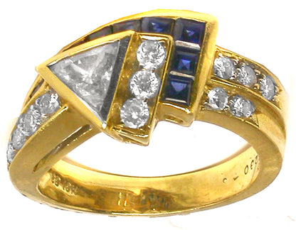 0.50ct Triangle Diamond  and Sapphire 18k Yellow Gold   Ring