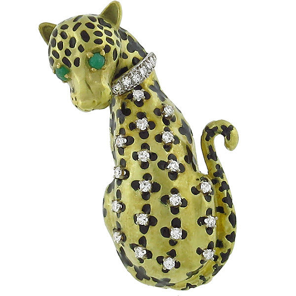 0.55ct Diamond Emerald Enamel  Gold   Leopard Pin