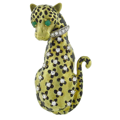 0.55ct Diamond Emerald Enamel  Gold   Leopard Pin
