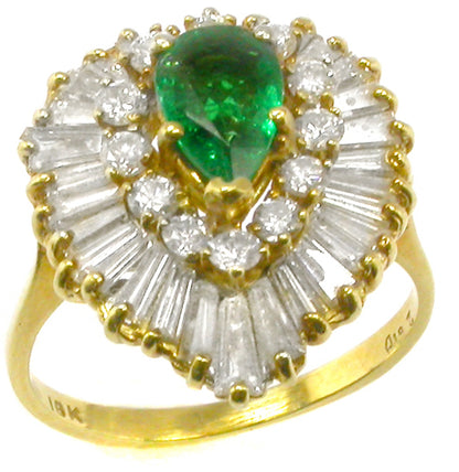 0.74ct Pear Cut Emerald  Diamond 18k Yellow Gold Ballerina Ring