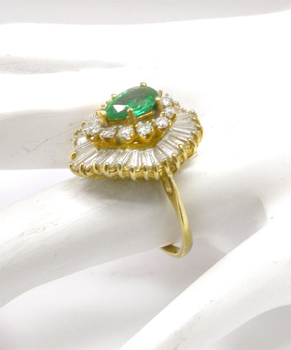 0.74ct Pear Cut Emerald  Diamond 18k Yellow Gold Ballerina Ring