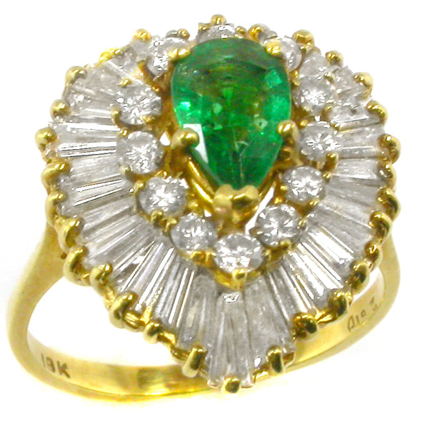 0.74ct Pear Cut Emerald  Diamond 18k Yellow Gold Ballerina Ring