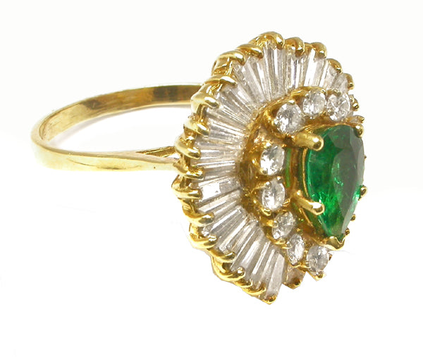 0.74ct Pear Cut Emerald  Diamond 18k Yellow Gold Ballerina Ring