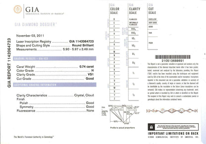 0.74ct Round Cut Diamond 14k White Gold Engagement Ring