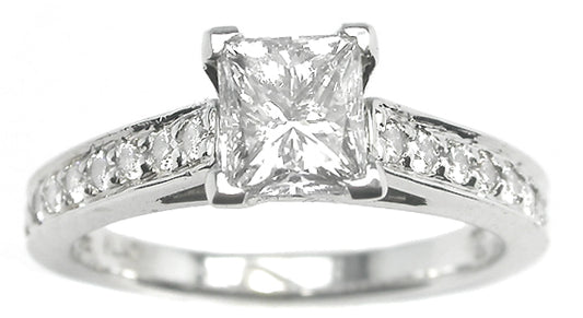0.75ct Princess Cut Diamond Platinum 18k Gold  Diamond Pavè Set Engagement Ring