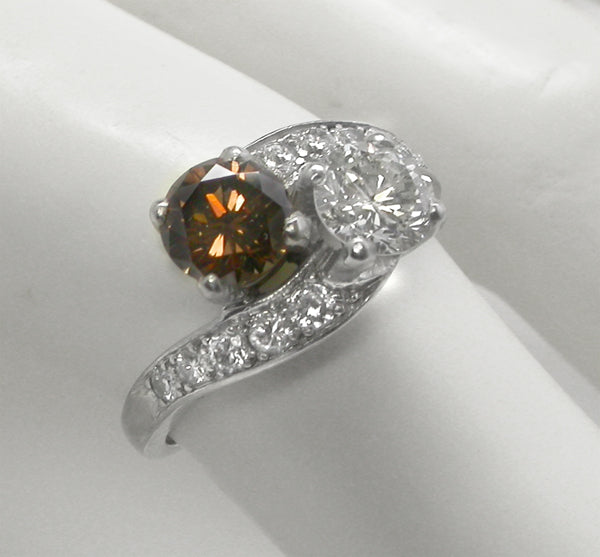 0.75ct Round Natural Fancy Brown and 0.64ct Round White Diamond Ring
