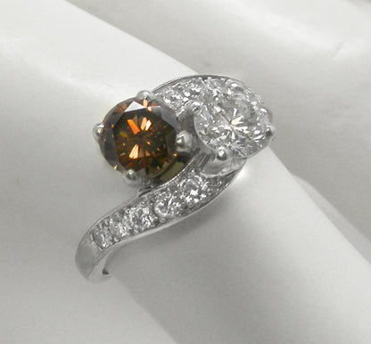 0.75ct Round Natural Fancy Brown and 0.64ct Round White Diamond Ring