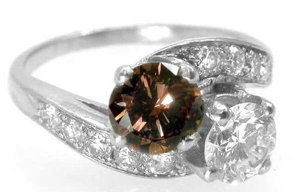 0.75ct Round Natural Fancy Brown and 0.64ct Round White Diamond Ring