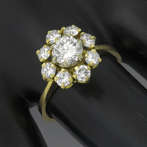 0.78ct Round Cut Center Diamond 0.75ct Diamond 14k Gold Cluster Ring