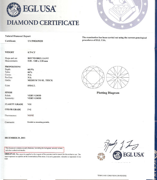 0.79ct Round Cut Diamond Platinum Engagement Ring