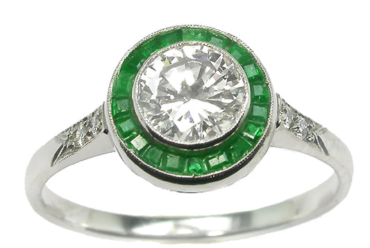 0.80ct Art Deco Style Platinum Diamond Emerald Engagement Ring
