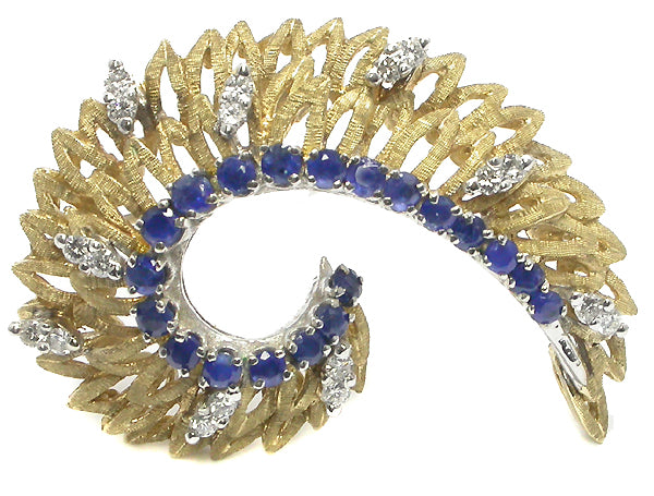 0.80ct Sapphire 0.70ct Diamond 14k Yellow & White Gold  Foliage  Pin