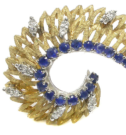 0.80ct Sapphire 0.70ct Diamond 14k Yellow & White Gold  Foliage  Pin
