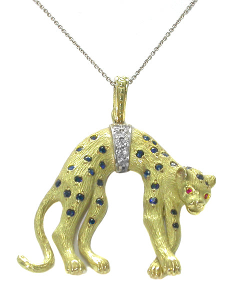 0.90ct Sapphire &  Diamond 18k Yellow Gold Panther Pendant/ Pearl Enhancer