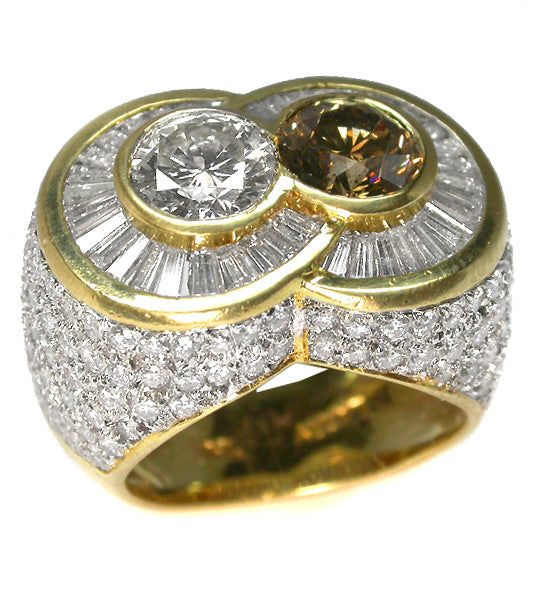 0.90ct White & 1.10ct Brown Fancy Diamond  18k Yellow Gold Ring