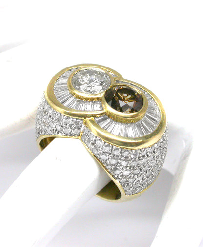 0.90ct White & 1.10ct Brown Fancy Diamond  18k Yellow Gold Ring
