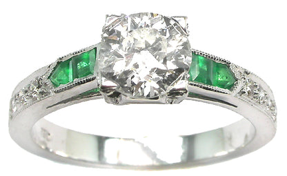 0.91ct Art Deco Style 18k White Gold Diamond Emerald Engagement Ring