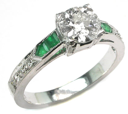 0.91ct Art Deco Style 18k White Gold Diamond Emerald Engagement Ring