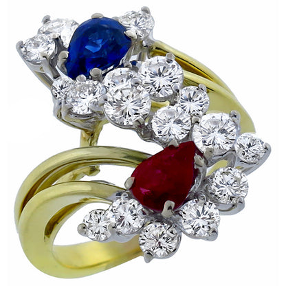 0.95ct Sapphire 0.65ct Ruby 2.85ct Diamond Cluster  Gold Ring