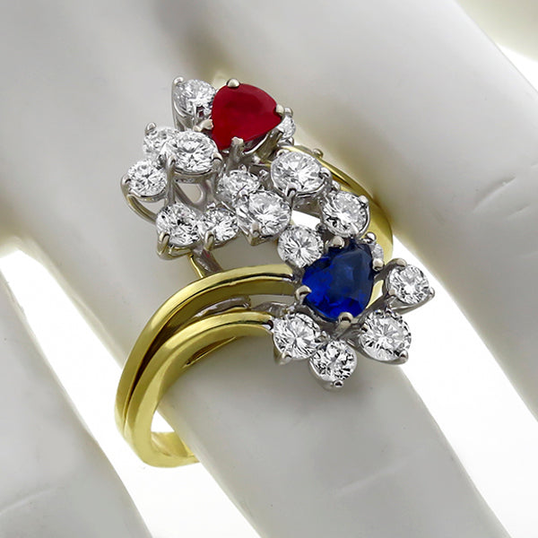 0.95ct Sapphire 0.65ct Ruby 2.85ct Diamond Cluster  Gold Ring