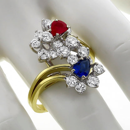 0.95ct Sapphire 0.65ct Ruby 2.85ct Diamond Cluster  Gold Ring