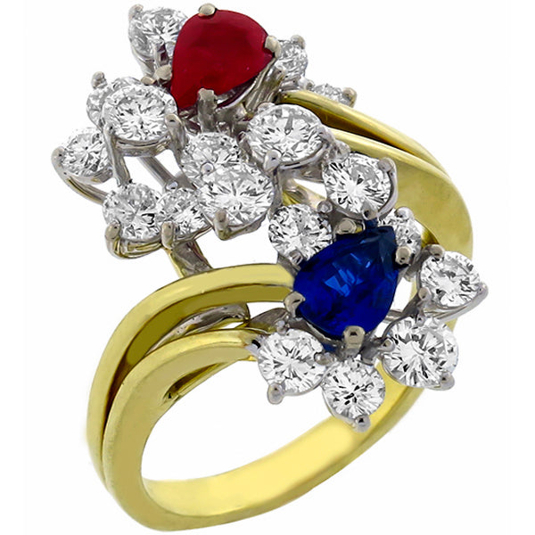 0.95ct Sapphire 0.65ct Ruby 2.85ct Diamond Cluster  Gold Ring