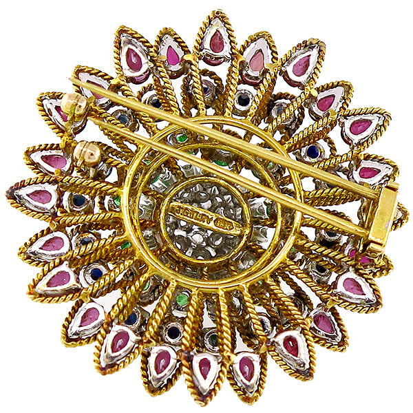 Precious Color Stones Floral Pin in 18 karat Yellow Gold with Diamonds
