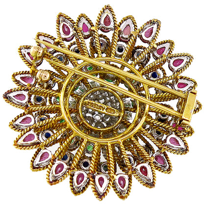 Precious Color Stones Floral Pin in 18 karat Yellow Gold with Diamonds