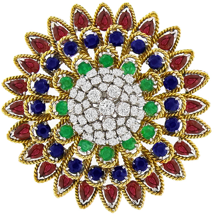 Precious Color Stones Floral Pin in 18 karat Yellow Gold with Diamonds