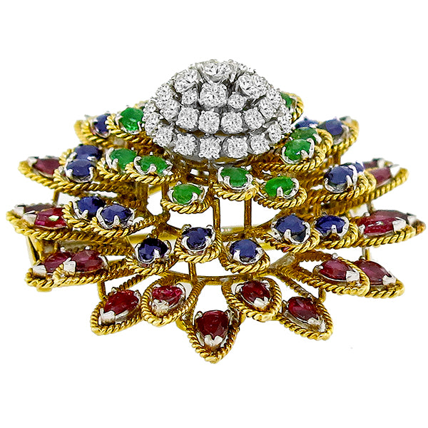 Precious Color Stones Floral Pin in 18 karat Yellow Gold with Diamonds