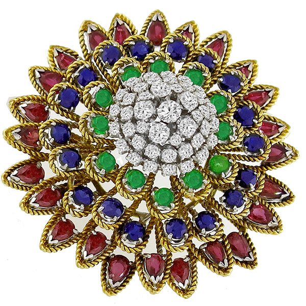 Precious Color Stones Floral Pin in 18 karat Yellow Gold with Diamonds