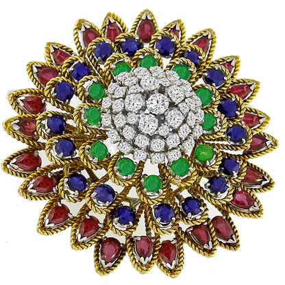 Precious Color Stones Floral Pin in 18 karat Yellow Gold with Diamonds